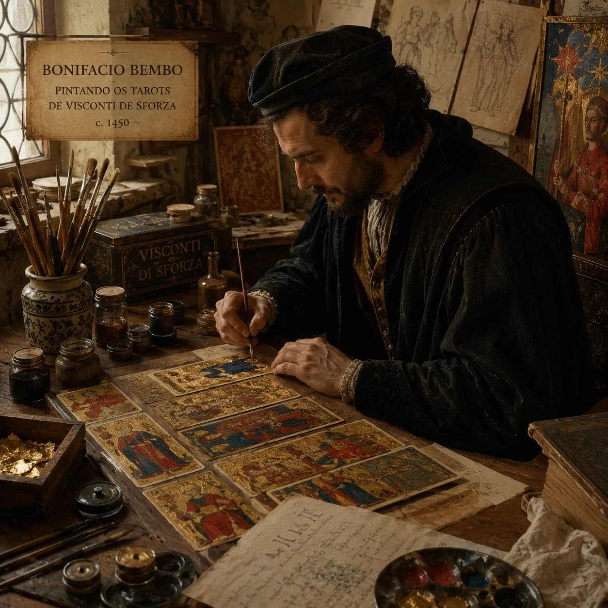 Cena representando Bonifácio Bembo, o artista responsável pela produção de alguns dos tarots mais antigos que se tem conhecimento.