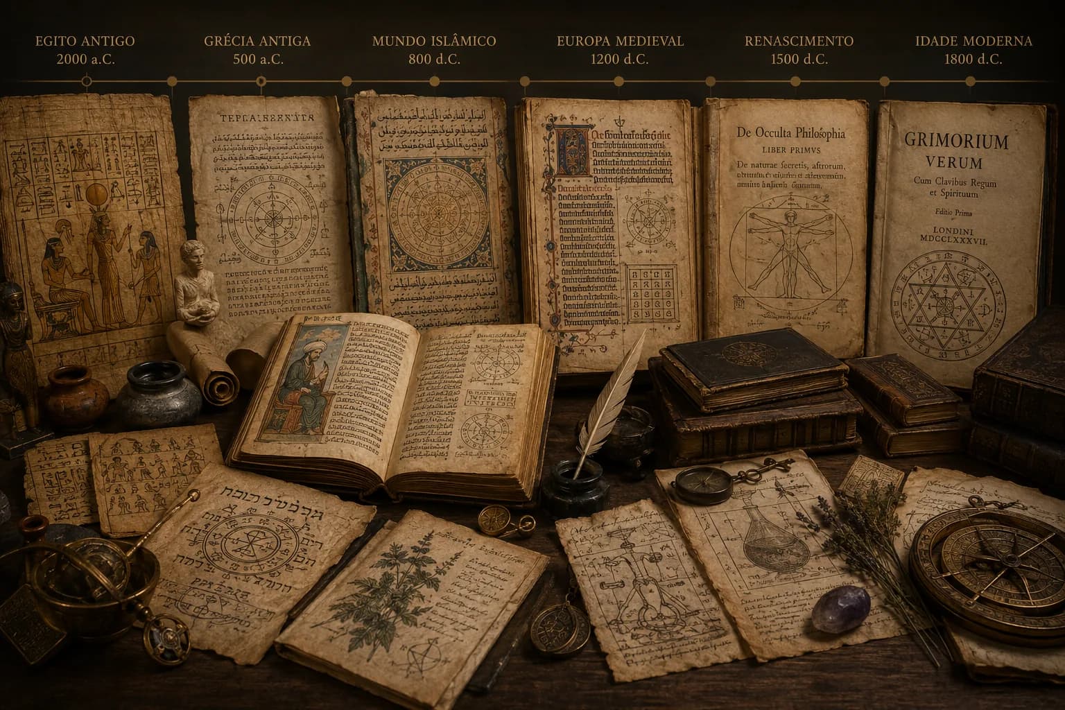 Reprsentação feita pela IA mostrando alguns exemplos de páginas de grimoire desde tempos remotos.