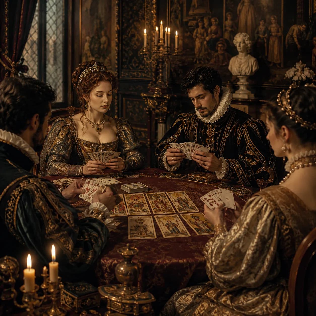 Imagem de IA reproduzindo a Corte Medieval jogando cartas.